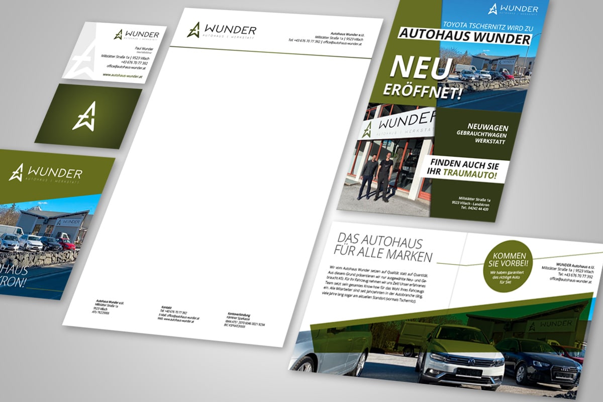 Autohaus-Wunder-mockup-drucksorten Grafikdesign Villach krassgrün.at - Drucksorten für Autohaus Wunder